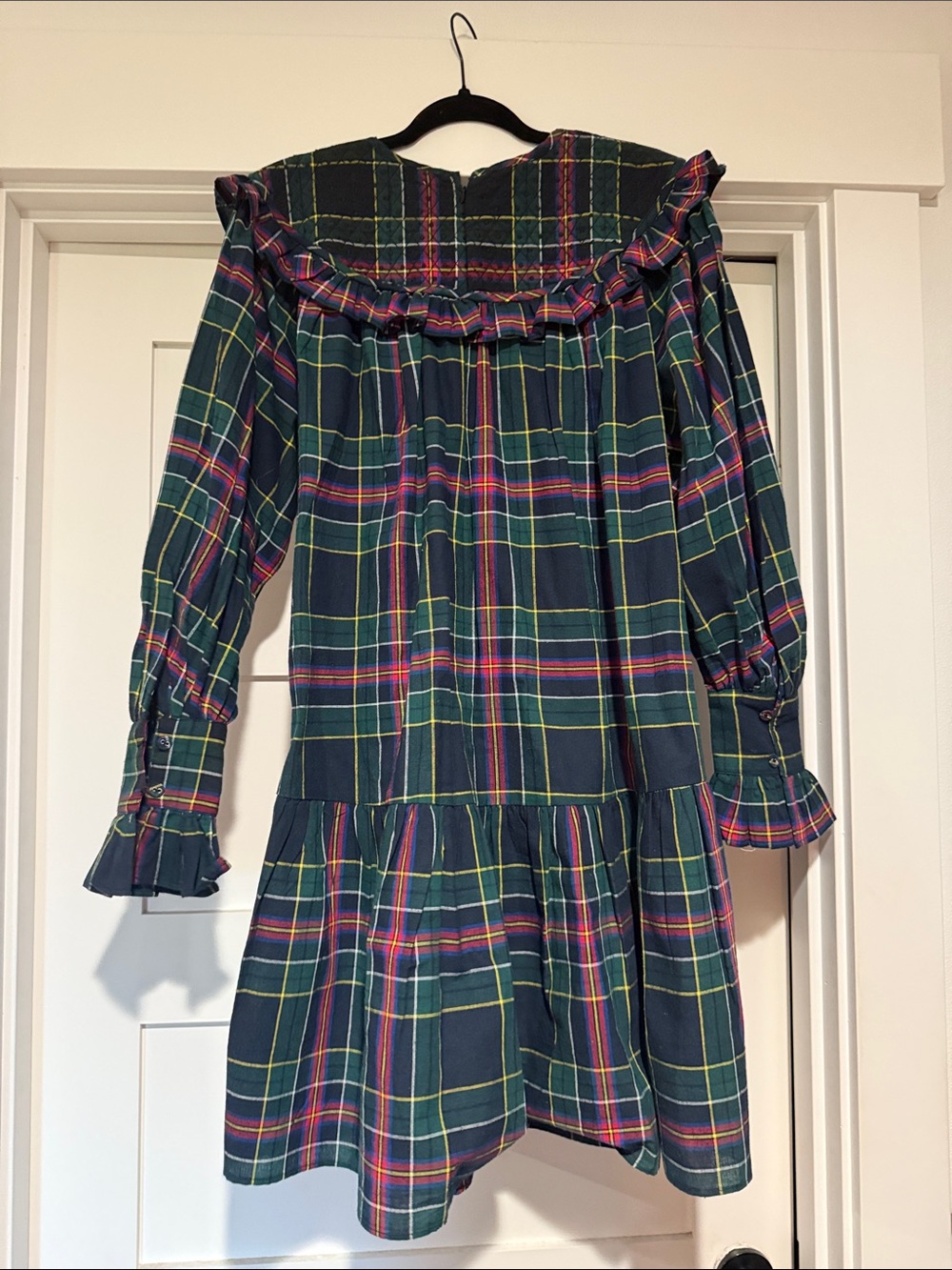 Plaid Ruffle Yoke Dress in Deep Green Multi - Picture 2 of 3